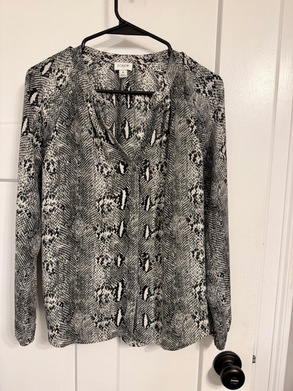J. Crew Black and White Snake-Print V-Neck Blouse